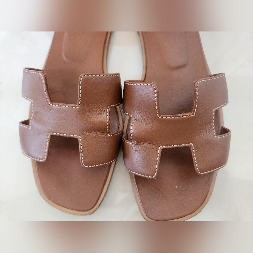 Brown Olympe Leather Slide Sandals - Picture 6 of 14